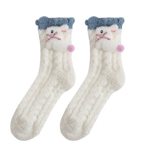 卡通可爱珊瑚绒袜子女中筒秋冬季加绒加厚保暖睡眠地板月子圣诞袜
