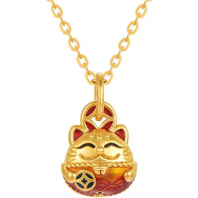 明牌珠宝硬金招财吊坠 黄金可爱微笑猫项坠足金挂坠情侣款ASY0483