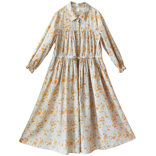 5折【花田姑娘】复古怀旧风大摆连衣裙女秋季天丝印花收腰系带裙