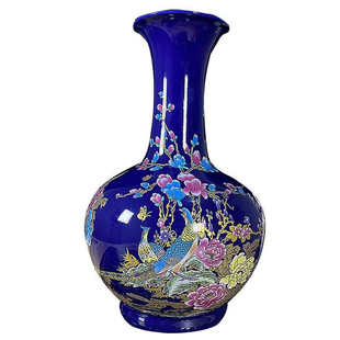 宝石蓝釉赏瓶锦绣前程牡丹锦鸡大号插花瓶景泰蓝新中式陶瓷摆件