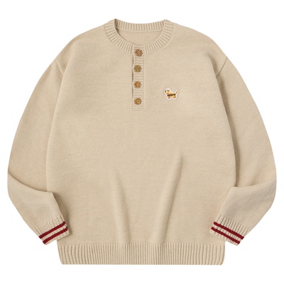 PSO Brand男装女装可爱小狗亨利领撞色女士针织衫灰色毛衣外套