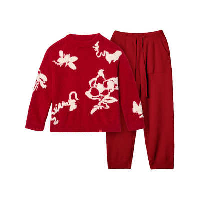 猫人2025新款秋冬红色新年半边绒女士家居服套装本命年睡衣可外穿