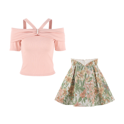 法式粉色短袖半身裙两件套女
