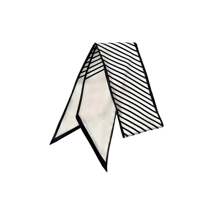 法式白色条纹丝巾女系脖长条丝带