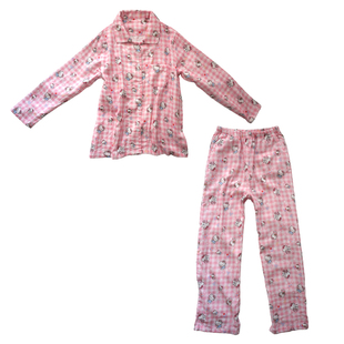 A类100%纯棉双层纱布卡通印花翻领家居服春秋薄款长袖睡衣套装女