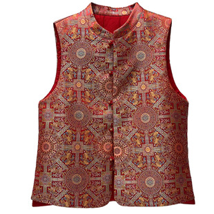 红色新中式国风马甲女秋冬季新款高级感人丝仿宋锦棉马夹坎肩背心