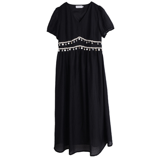 胖莹莹大码女装法式V领波西米亚度假风收腰帝政风长裙薄款连衣裙