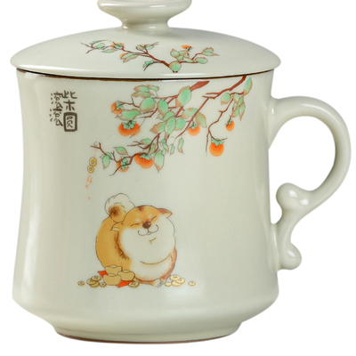 汝窑柴犬茶杯月牙一体式过滤茶杯