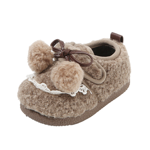 女童毛毛鞋加绒二棉豆豆鞋冬季新款宝宝棉鞋防滑软底学步婴儿鞋子