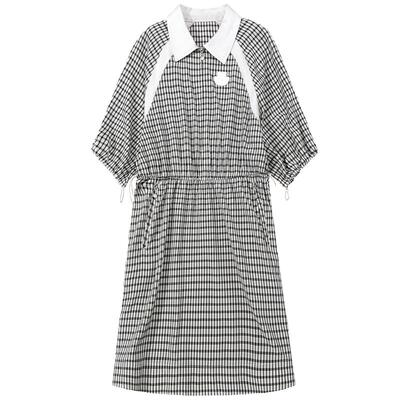 谜底连衣裙五分袖女2025夏季新品复古风通勤格纹中长裙252ML0677