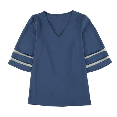 宽松网纱拼接V领雪纺衫女装衬衫