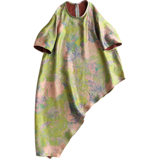 云澍原创 花罗香云纱新中式国风桑蚕丝圆领不对称宽松上衣T恤女夏