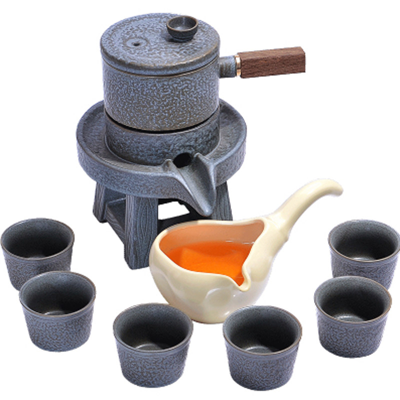 陶瓷石磨旋转出水复古自动茶具