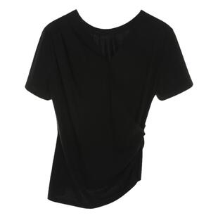 Yifini/易菲黑色收腰设计感短袖圆领T恤女夏季新款修身显瘦