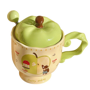 青苹果高脚杯带盖勺可爱喝水陶瓷杯子男高颜值情侣水杯生日礼物女