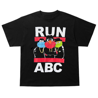 RUN ABC美式街头卡通vintage古着涂鸦chic嘻哈潮牌质感短袖T恤棉