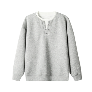 重磅加绒厚纽扣假两件卫衣男加肥大码宽松外套潮胖春秋装T恤运动