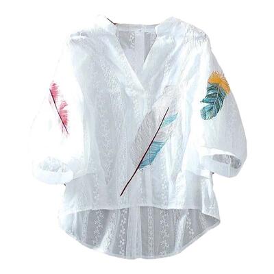 宽松文艺套头五分袖纯棉刺绣花朵