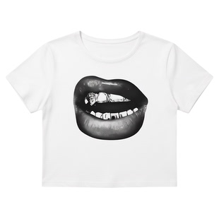 Printed round neck short top for women印花圆领短款修身上衣女