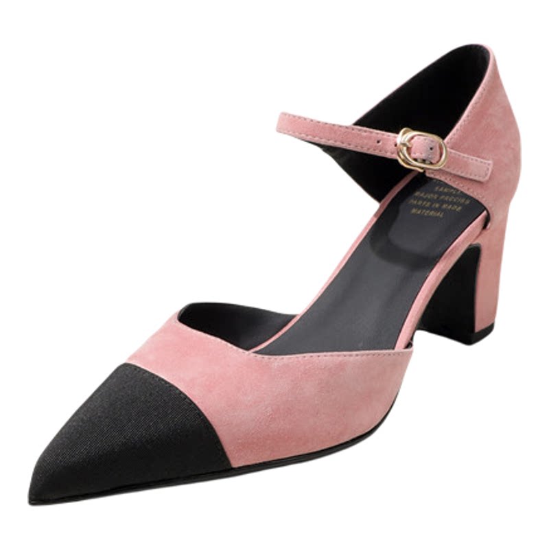 6.5cm粗跟磨砂真皮尖头玛丽珍鞋