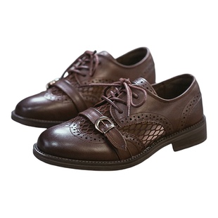 头层牛皮单鞋女2026春夏透气镂空布洛克皮带扣时尚复古中跟乐福鞋