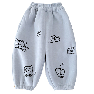 儿童一体绒印花卫裤男童加绒加厚运动裤女儿童宽松羊驼绒长裤冬装