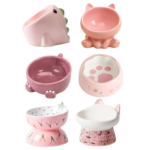 可爱猫碗陶瓷宠物碗防黑下巴倾斜口高脚护颈猫盘狗碗饮水碗防打翻