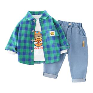 小黄鸭男童夏季短袖套装2026新款宝宝时髦洋气格子衬衫条纹三件套