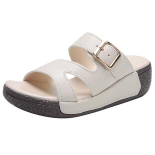 真皮凉拖鞋女夏季外穿防滑软底女士外出时尚松糕厚底增高一字拖鞋