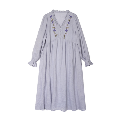 安妮森林纯苎麻气质刺绣连衣裙春