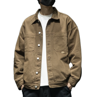美式休闲翻领夹克男简约百搭秋季潮牌棉服水洗外套加肥加大码棉衣