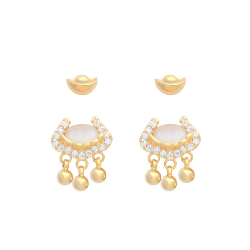 精致猫眼石如意平安锁四件套耳钉女小众设计百搭耳环气质轻奢耳饰