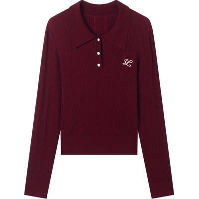 衣香丽影灰色翻领针织衫女