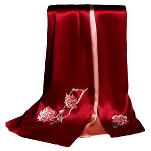 真丝披肩围巾女春秋婚礼婚宴喜妈妈喜婆礼服旗袍外搭红色苏绣丝巾