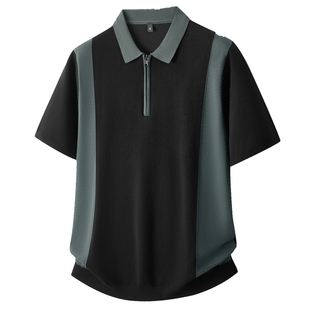 高档短袖毛衣男秋冬翻领加肥加大码宽松潮胖子半袖拉链针织打底衫