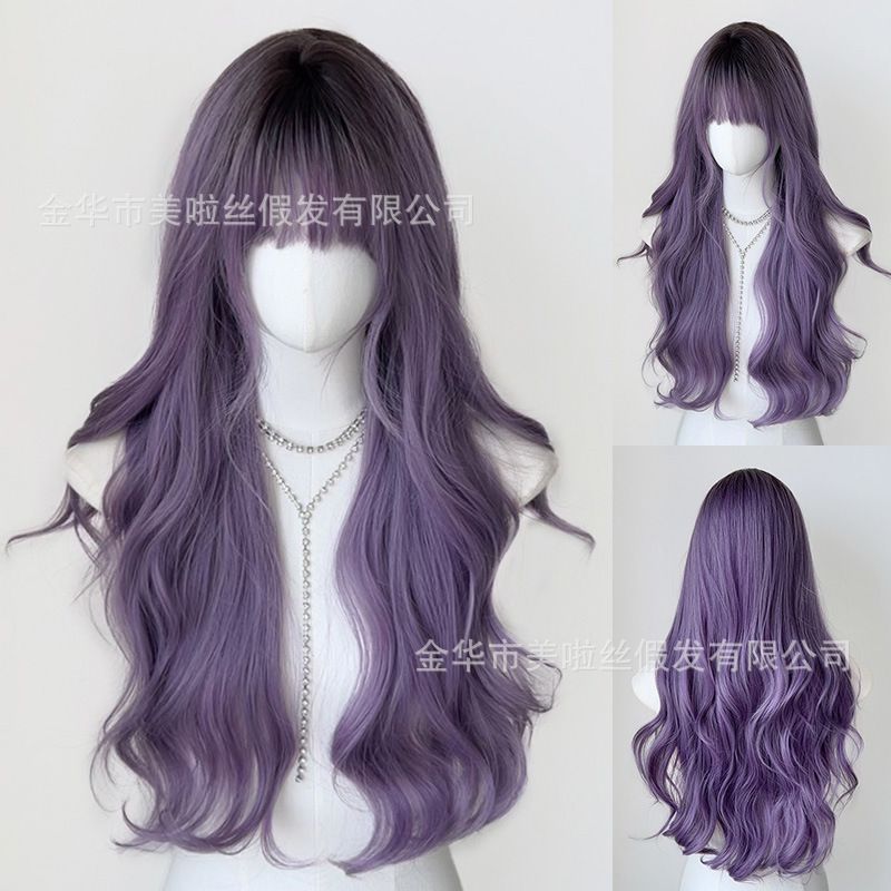 跨境批发假发女灰紫色大波浪仿真头皮自然蓬松慵懒长卷发全头套式