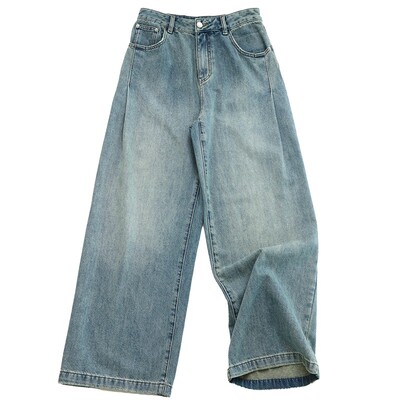 棉混纺水洗蓝松弛显瘦阔腿牛仔裤