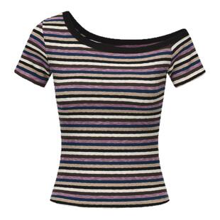 madeinnormal设计师品牌LOOKNOW2025夏新复古蓝紫色条纹斜肩T恤女