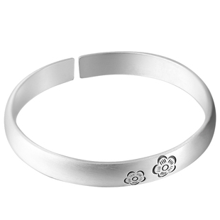 九乐999纯银手镯女开口光面民族风实心錾刻荷叶花纹款中国风手环