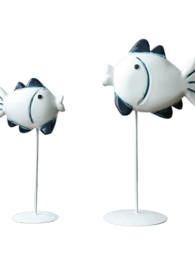 地中海海洋木质蓝白色亲嘴对鱼做旧摆件样板间办公桌面摆设饰品