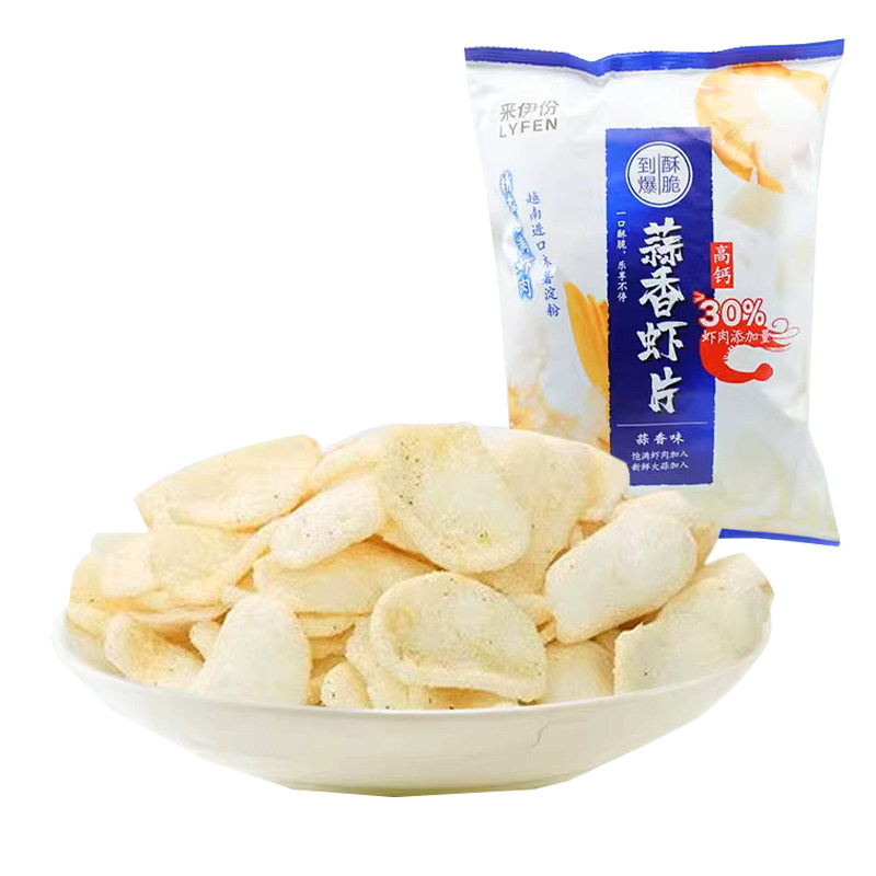 来伊份蒜香虾片80g袋装酥脆薯片膨化食品追剧小吃零嘴办公室零食