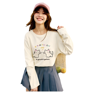 唐狮秋新款女长袖T恤卡通可爱甜美休闲宽松上衣打底衫G