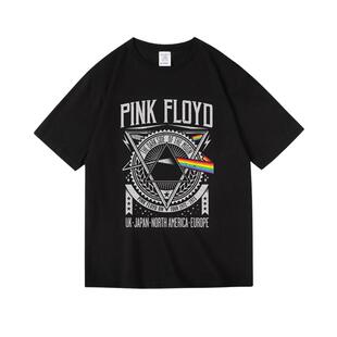 ins潮流PinkFloyd月之暗面摇滚oversize落肩五分袖重磅宽松T恤男
