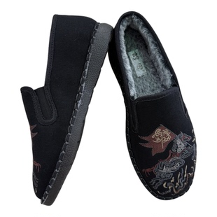 老北京刺绣骏马黑底牛筋冬季加绒加厚保暖一脚蹬休闲男式花棉布鞋