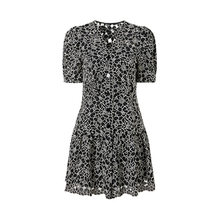 MOISSAC摩萨克夏款法式V领重工刺绣泡泡袖短袖短款连衣裙女