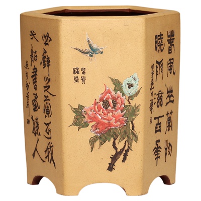 尚扣紫砂 肖小根全手工六方无求陶刻彩绘 桌面名家绿植古典花器