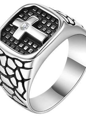 祥饰帝简约钛钢锆石十字架戒指