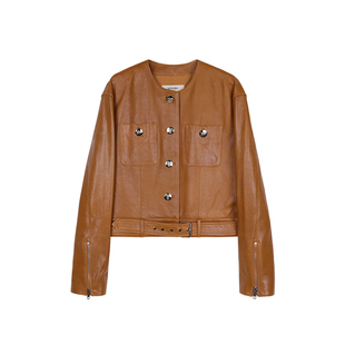 MRS Studios 早秋新款绵羊皮圆领双口袋机车短款夹棉猎装皮衣夹克