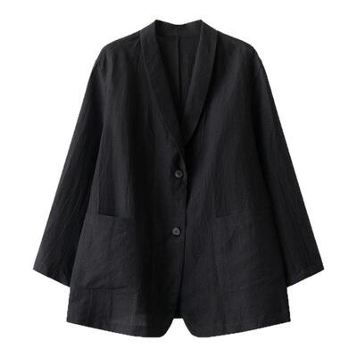 梭家 休闲轻西装25支砂洗亚麻黑色短外套夏季女长袖上衣 688ZF