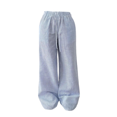 Leisure striped tie wide leg pants      休闲条纹系带阔腿长裤